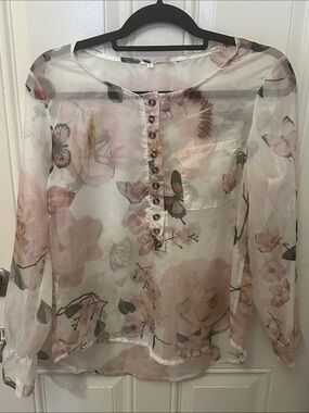 Sheer Floral Butterfly Button-Front Blouse - Pale Pink size L Large spring top